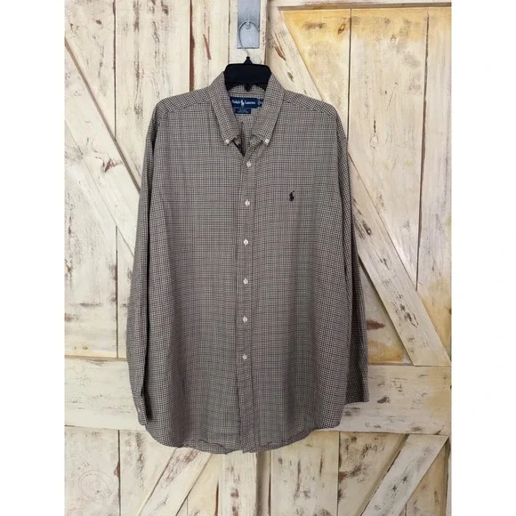Ralph Lauren Blake 100% Cotton Button Down Shirt Long Sleeves Gingham Brown XL - Picture 5 of 8
